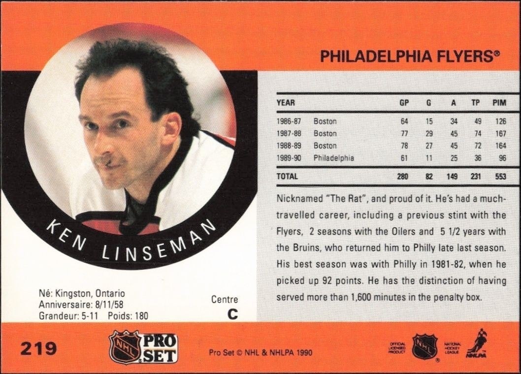 1990-91 Pro Set Ken Linseman #219 hockey trading card back