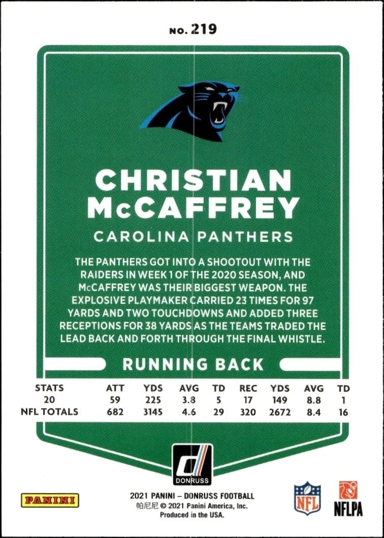 2021 Panini Donruss Christian McCaffrey #219 football trading card back