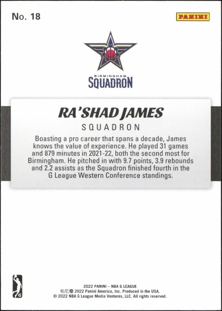 2021-22 Panini NBA G League Ra’shad James #18 basketball trading card back