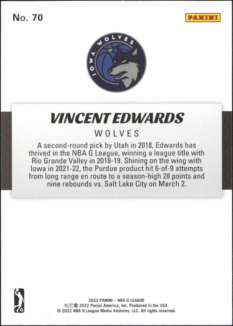 2021-22 Panini NBA G League Vincent Edwards #70 basketball trading card back