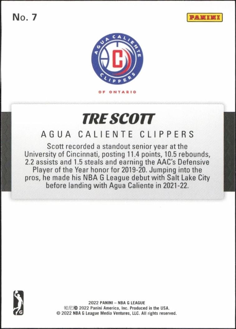 2021-22 Panini NBA G League Tre Scott #7 basketball trading card back