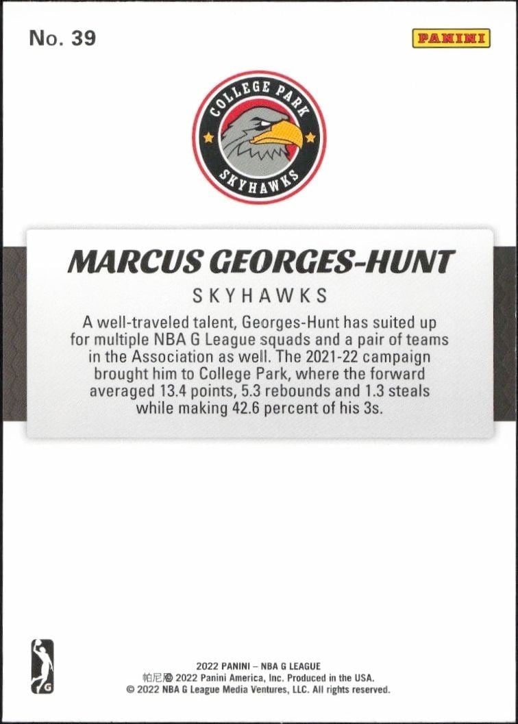 2021-22 Panini NBA G League Marcus Georges-Hunt #39 basketball trading card back