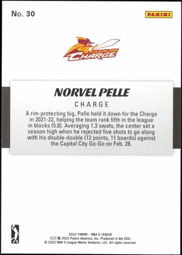 2021-22 Panini NBA G League Norvel Pelle #30 basketball trading card back
