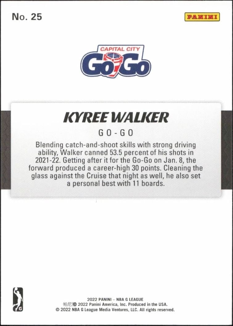 2021-22 Panini NBA G League Kyree Walker #25 basketball trading card back