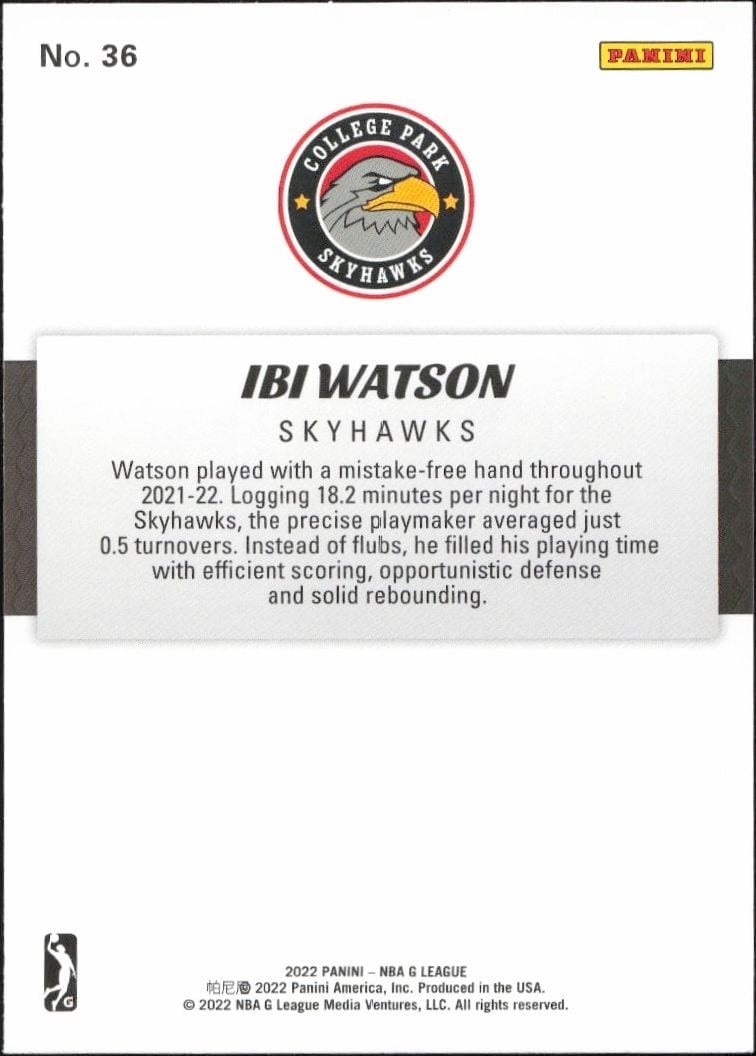 2021-22 Panini NBA G League Ibi Watson #36 basketball trading card back