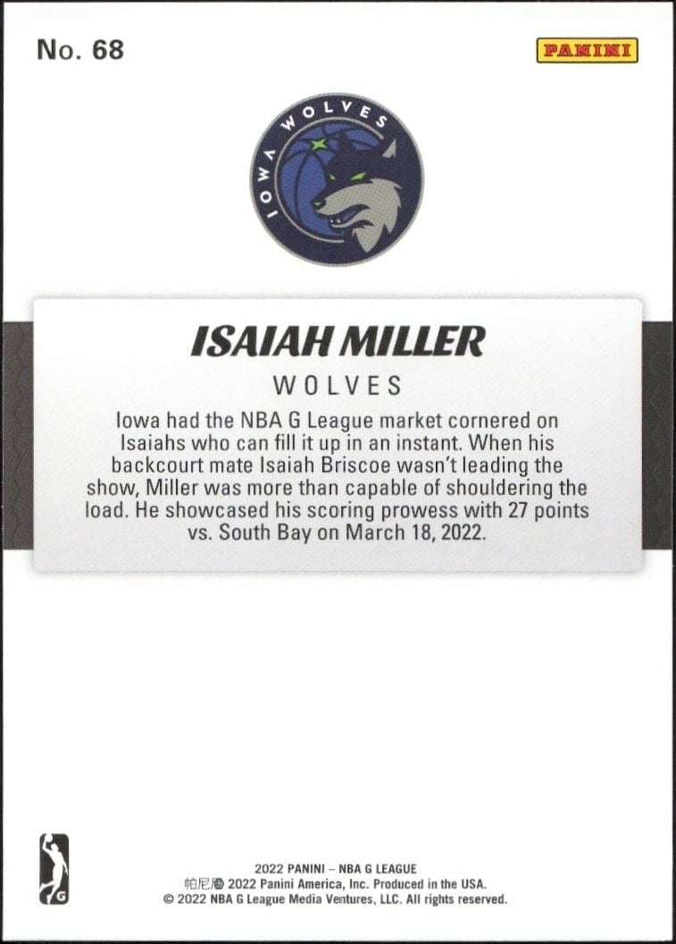 2021-22 Panini NBA G League Isaiah Miller #68 basketball trading card back