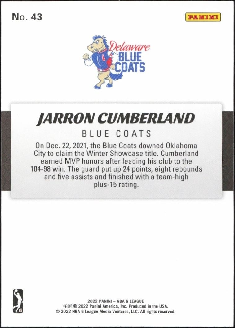 2021-22 Panini NBA G League Jarron Cumberland #43 basketball trading card back