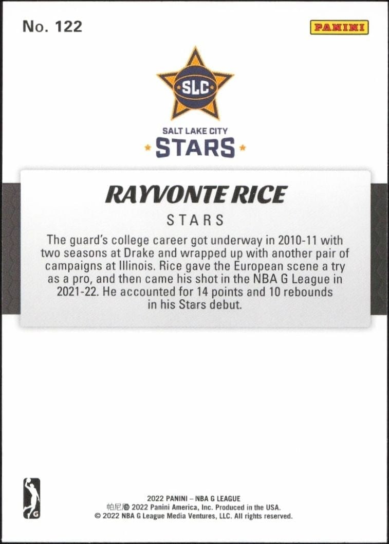 2021-22 Panini NBA G League Rayvonte Rice #122 basketball trading card back