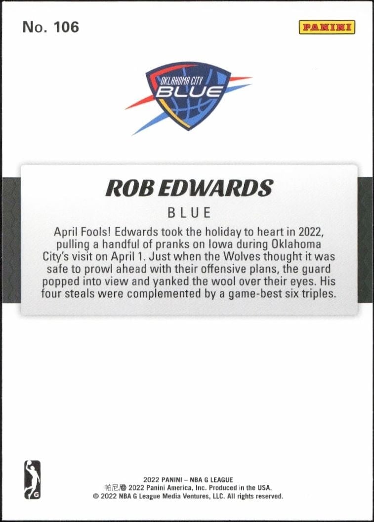 2021-22 Panini NBA G League Rob Edwards #106 basketball trading card back