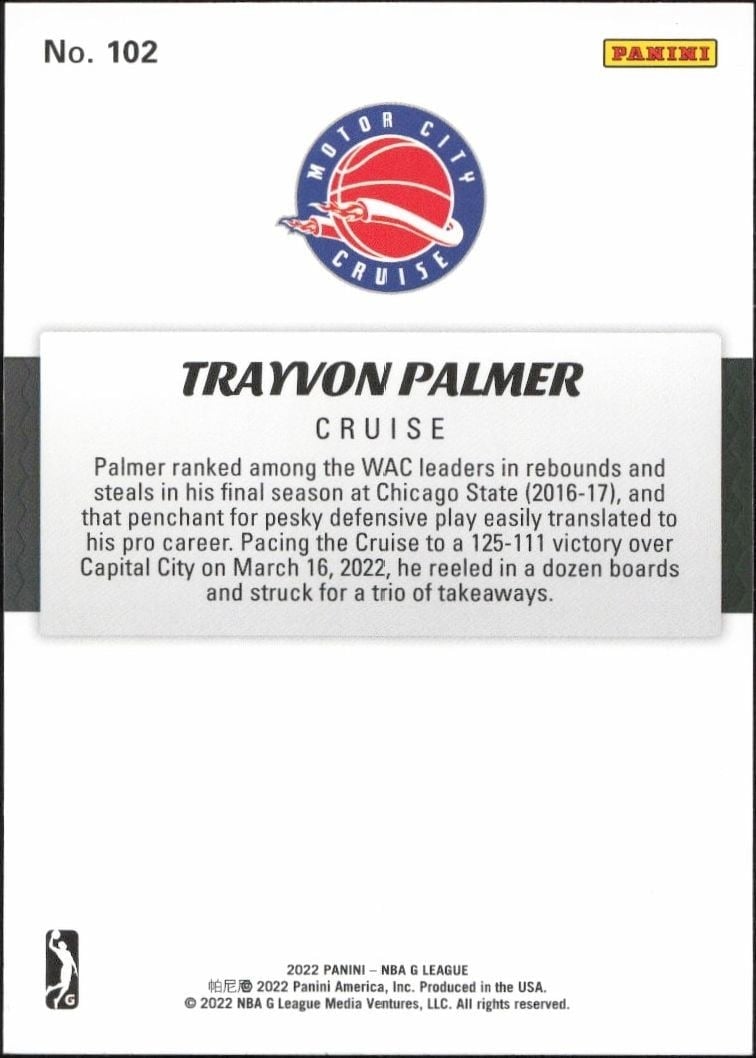 2021-22 Panini NBA G League Trayvon Palmer #102 basketball trading card back