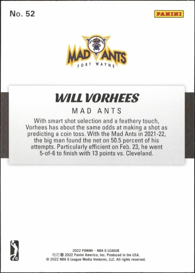 2021-22 Panini NBA G League Will Vorhees #52 basketball trading card back