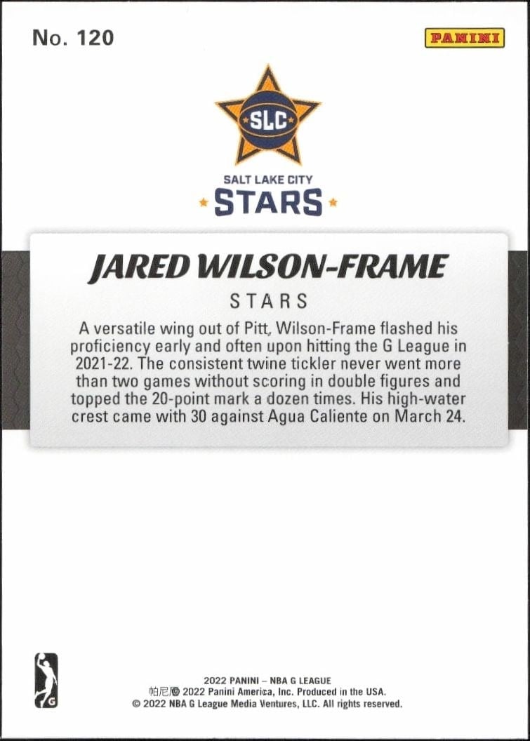 2021-22 Panini NBA G League Jared Wilson-Frame #120 basketball trading card back