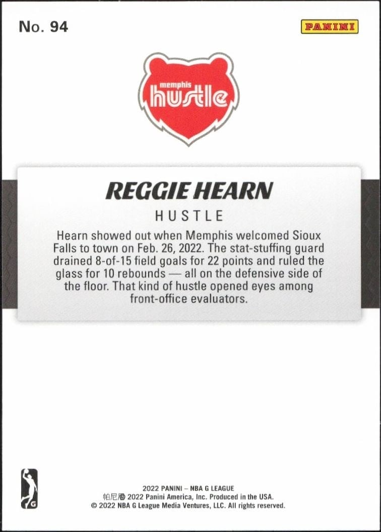 2021-22 Panini NBA G League Reggie Hearn #94 basketball trading card back