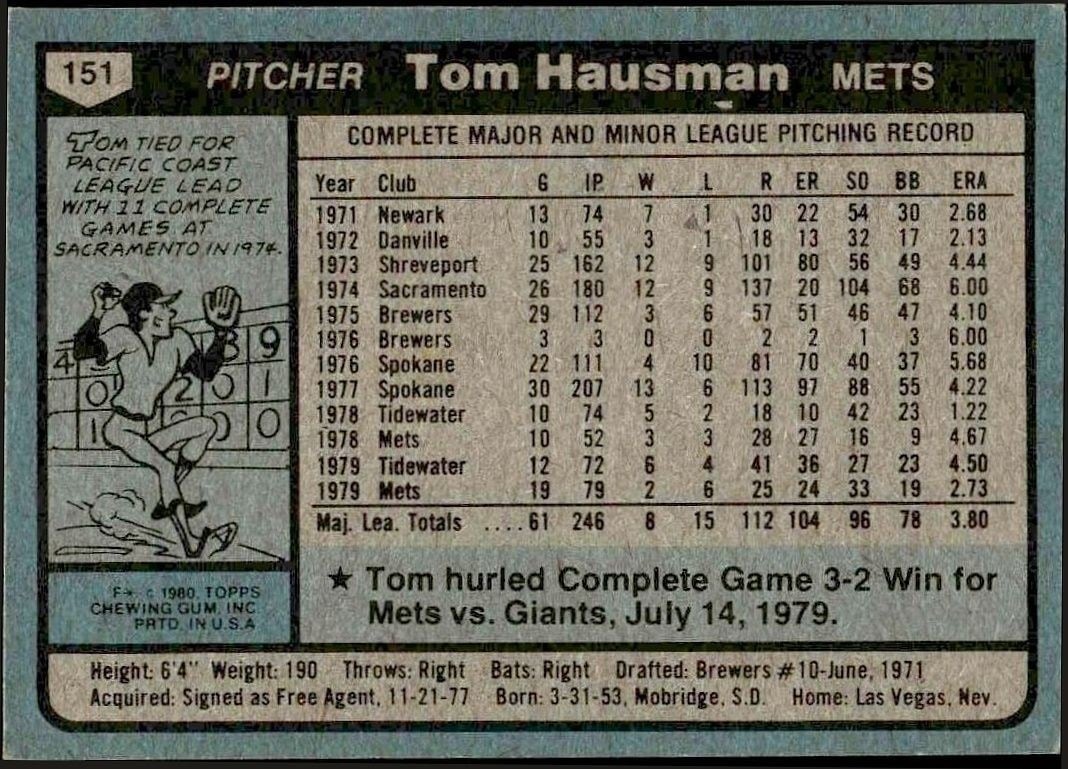 1980 Topps Tom Hausman #151 baseball trading card back