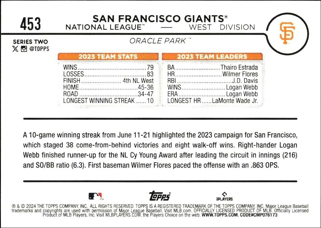 2024 Topps Series 2 San Francisco Giants #453 baseball trading card back