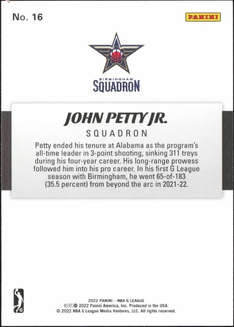 2021-22 Panini NBA G League John Petty Jr. #16 basketball trading card back