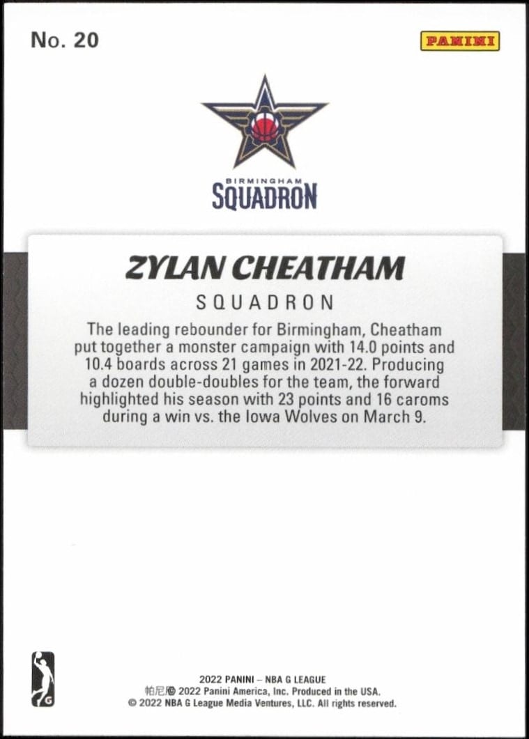 2021-22 Panini NBA G League Zylan Cheatham #20 basketball trading card back