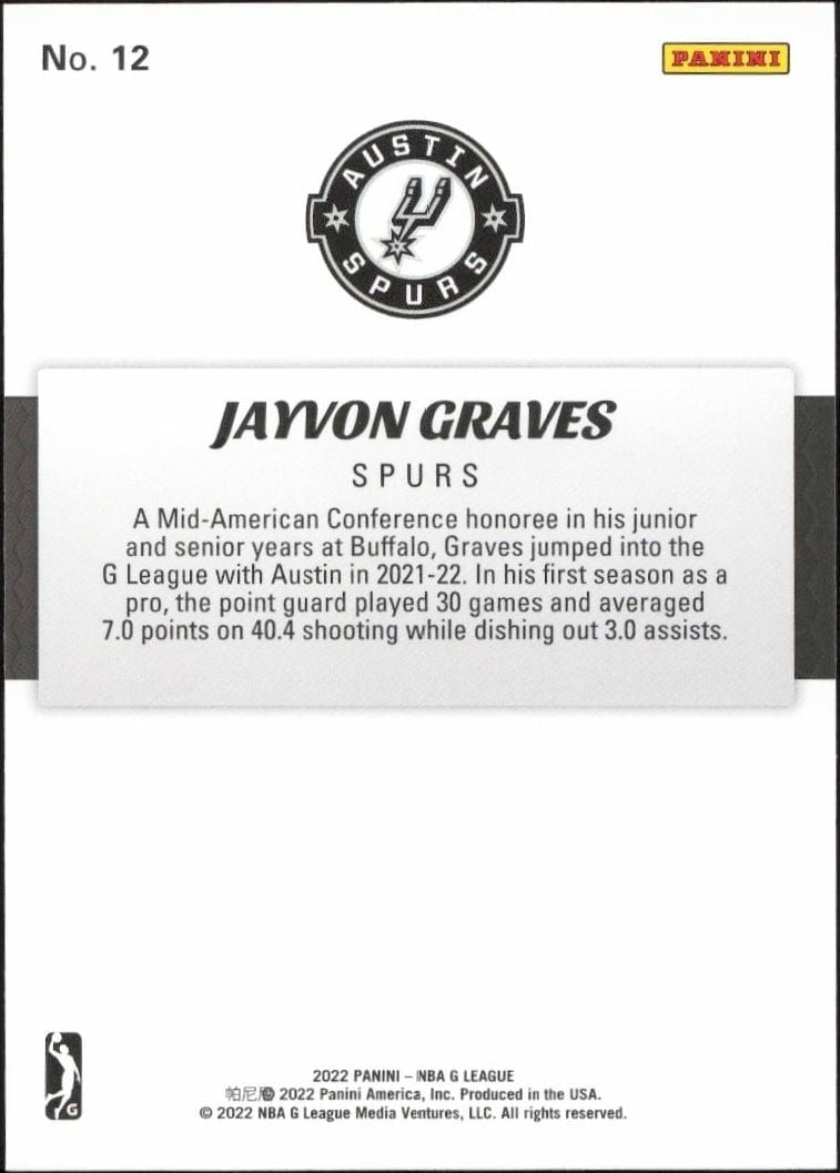 2021-22 Panini NBA G League Jayvon Graves #12 basketball trading card back