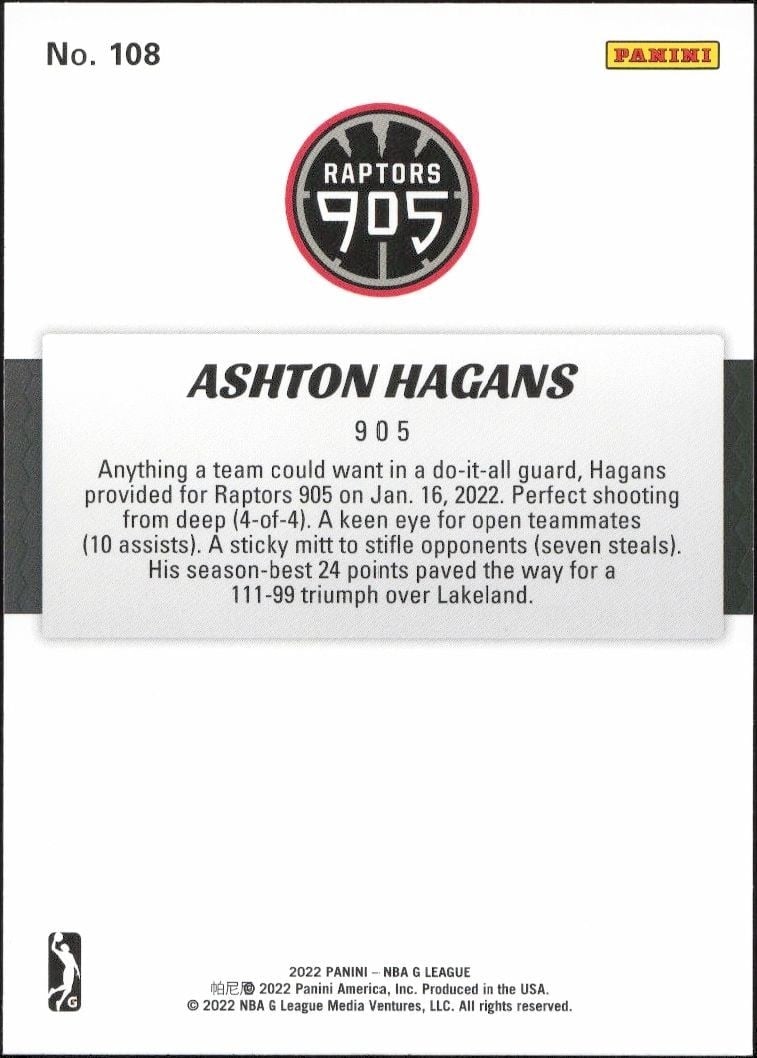 2021-22 Panini NBA G League Ashton Hagans #108 basketball trading card back