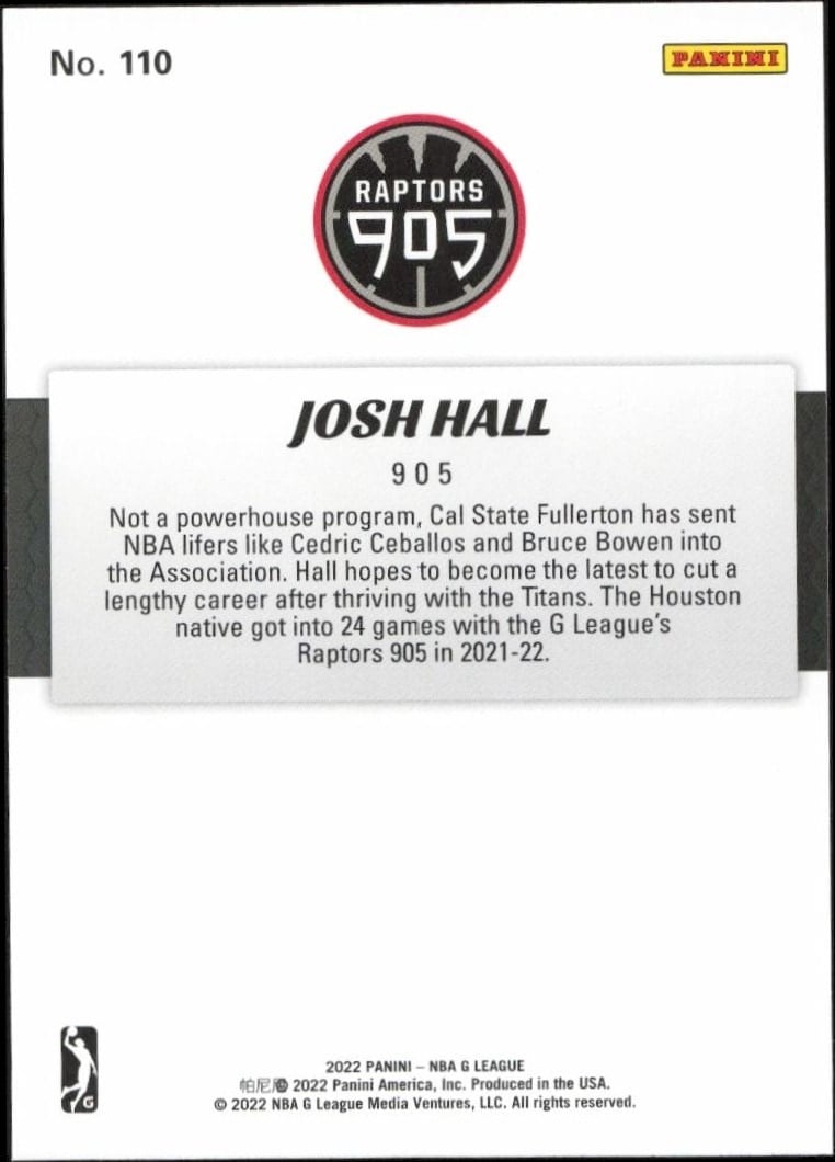 2021-22 Panini NBA G League Josh Hall #110 basketball trading card back