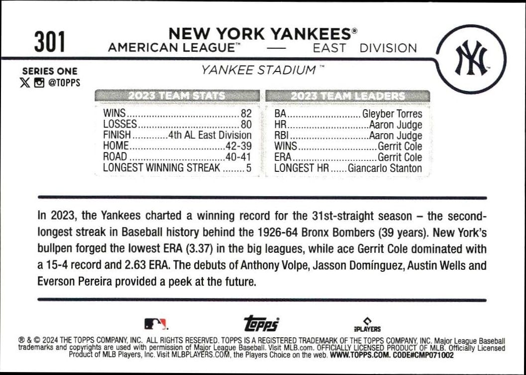 2024 Topps New York Yankees #301 baseball trading card back