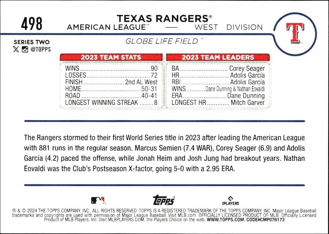2024 Topps Series 2 Texas Rangers #498 baseball trading card back
