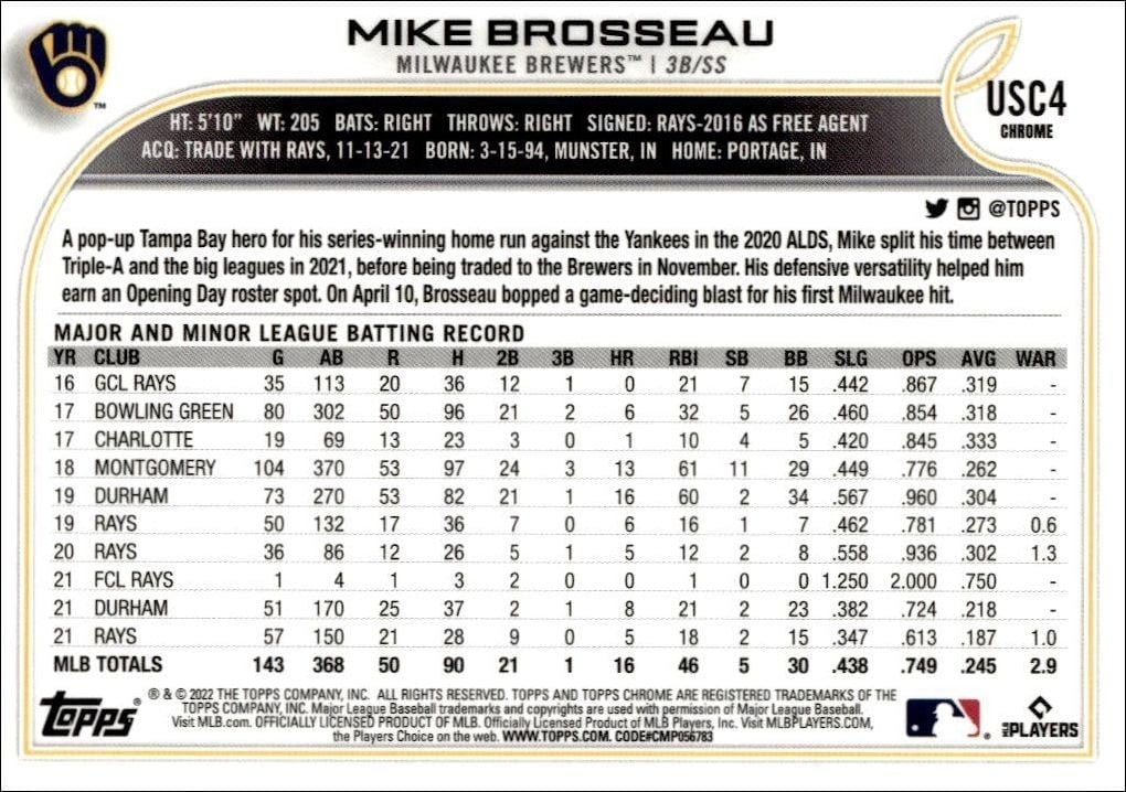 2022 Topps Chrome Update Mike Brosseau #USC4 baseball trading card back