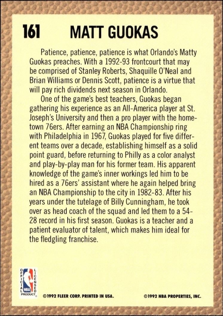 1992-93 Fleer Matt Guokas #161 basketball trading card back