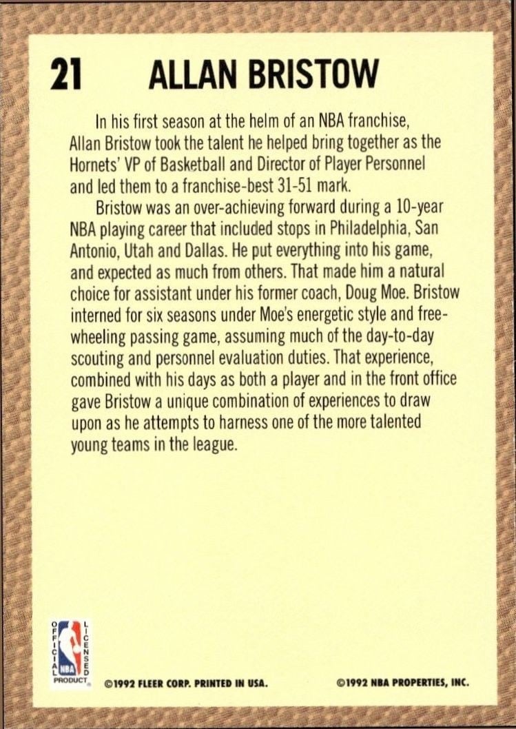 1992-93 Fleer Allan Bristow #21 basketball trading card back