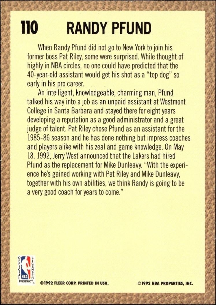 1992-93 Fleer Randy Pfund #110 basketball trading card back