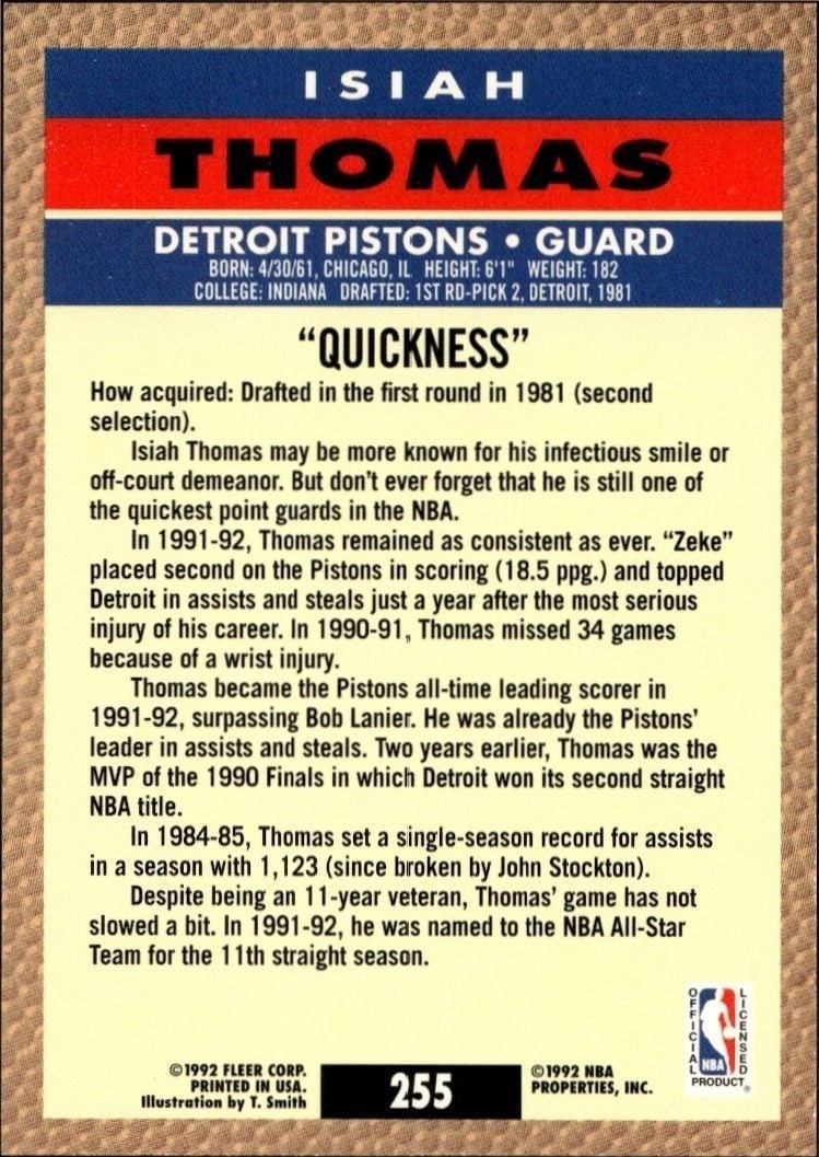 1992-93 Fleer Isiah Thomas #255 basketball trading card back