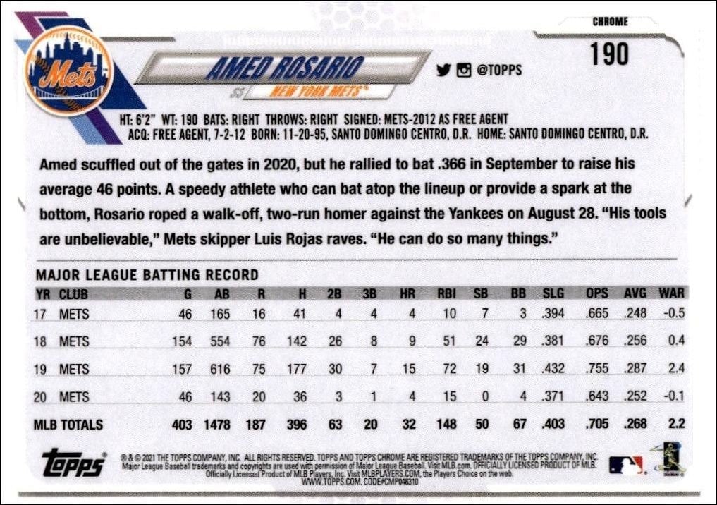2021 Topps Chrome Amed Rosario #190 baseball trading card back