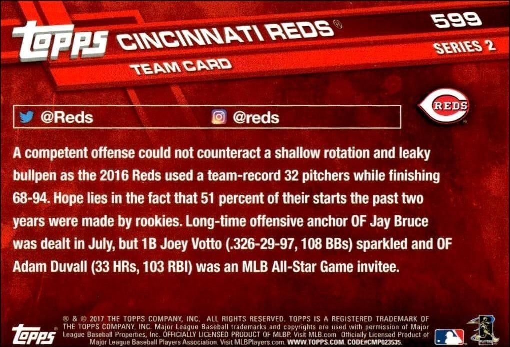 2017 Topps Series 2 Cincinnati Reds #599 baseball trading card back