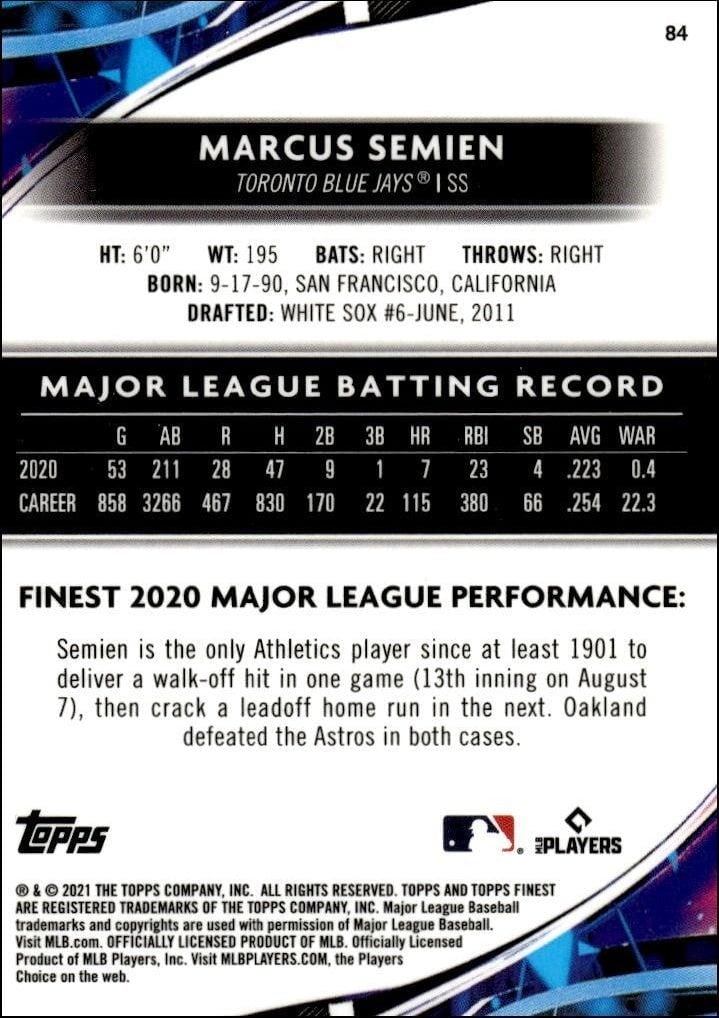 2021 Topps Finest Marcus Semien #84 baseball trading card back