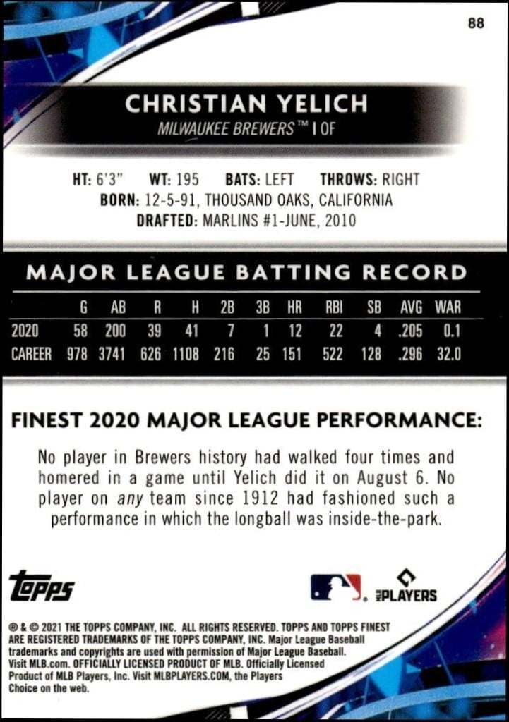 2021 Topps Finest Christian Yelich #88 baseball trading card back