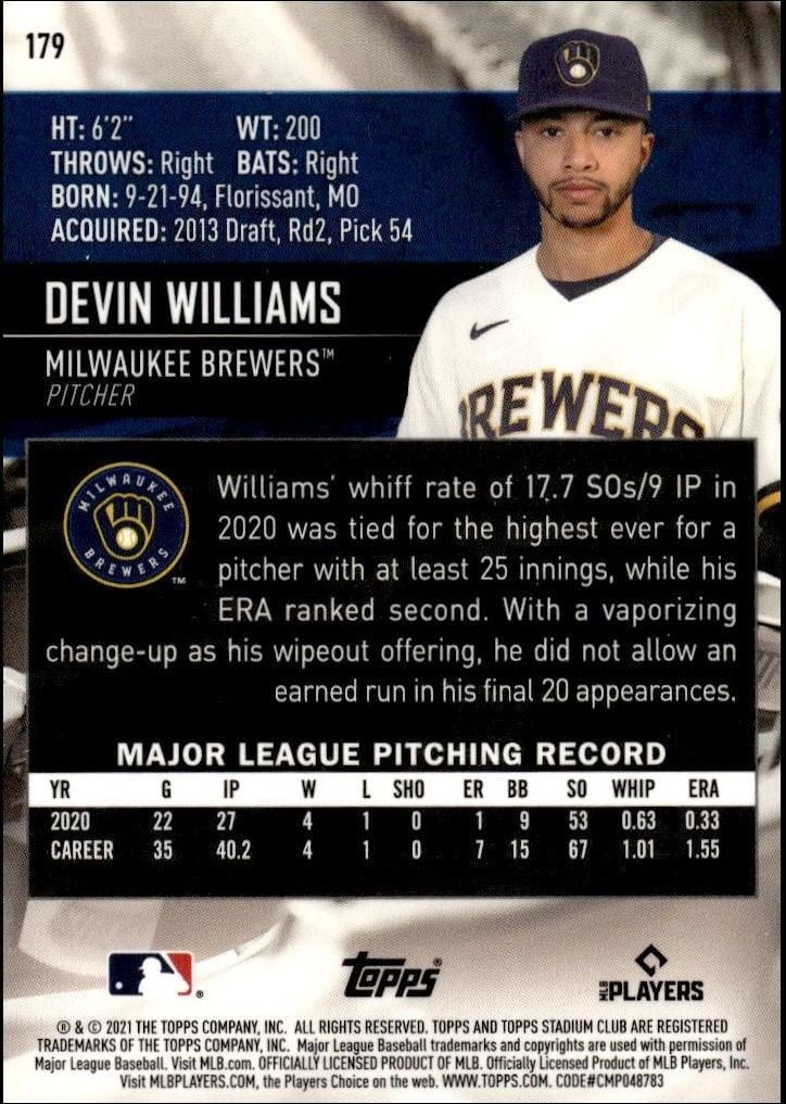 2021 Topps Stadium Club Chrome Devin Williams #179 baseball trading card back