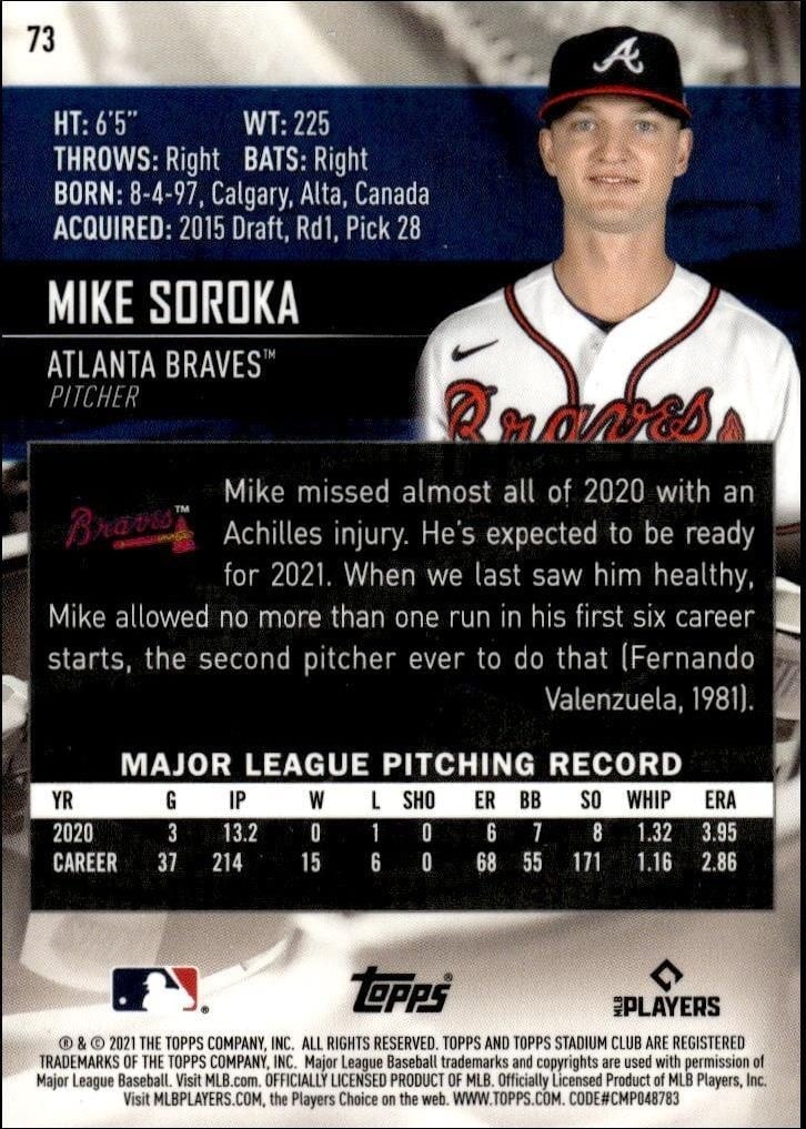 2021 Topps Stadium Club Chrome Mike Soroka #73 baseball trading card back