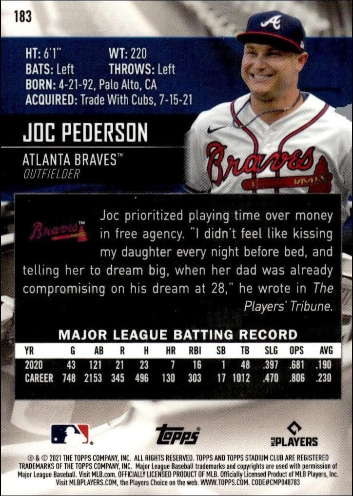 2021 Topps Stadium Club Chrome Joc Pederson #183 baseball trading card back