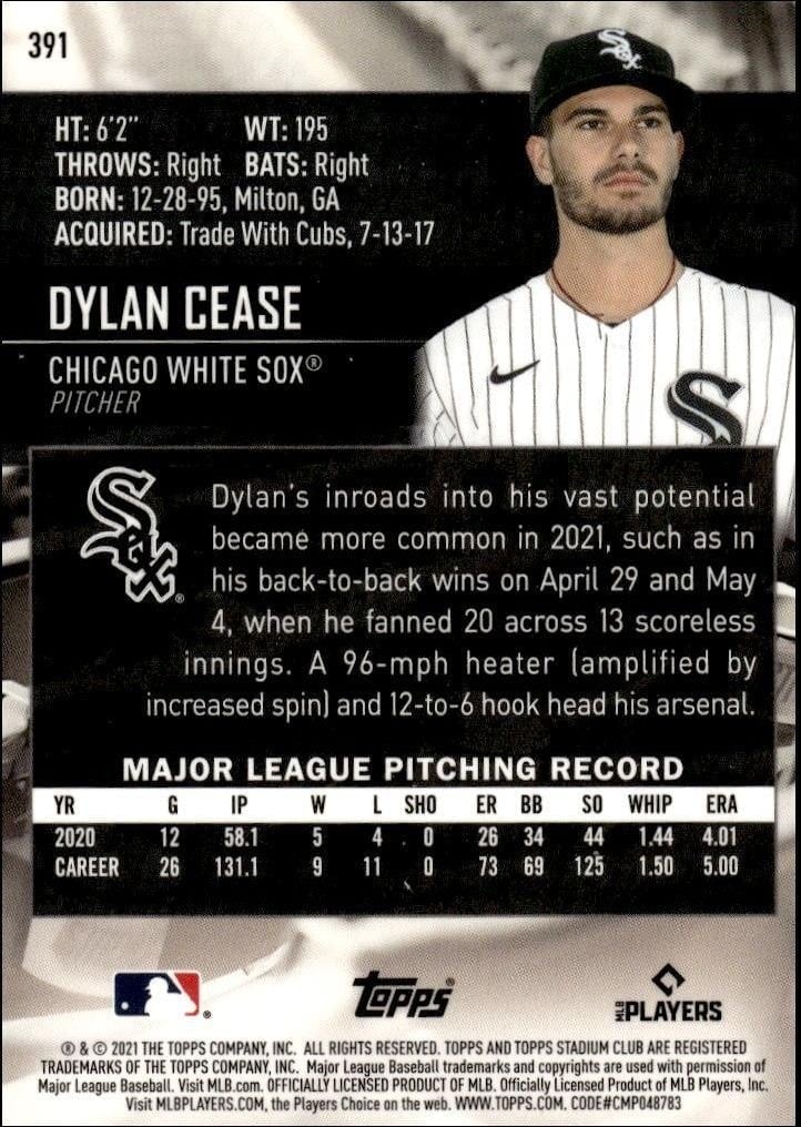 2021 Topps Stadium Club Chrome Dylan Cease #391 baseball trading card back