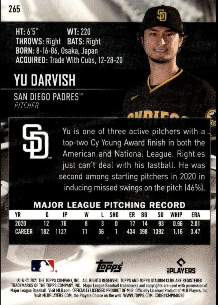 2021 Topps Stadium Club Chrome Yu Darvish #265 baseball trading card back