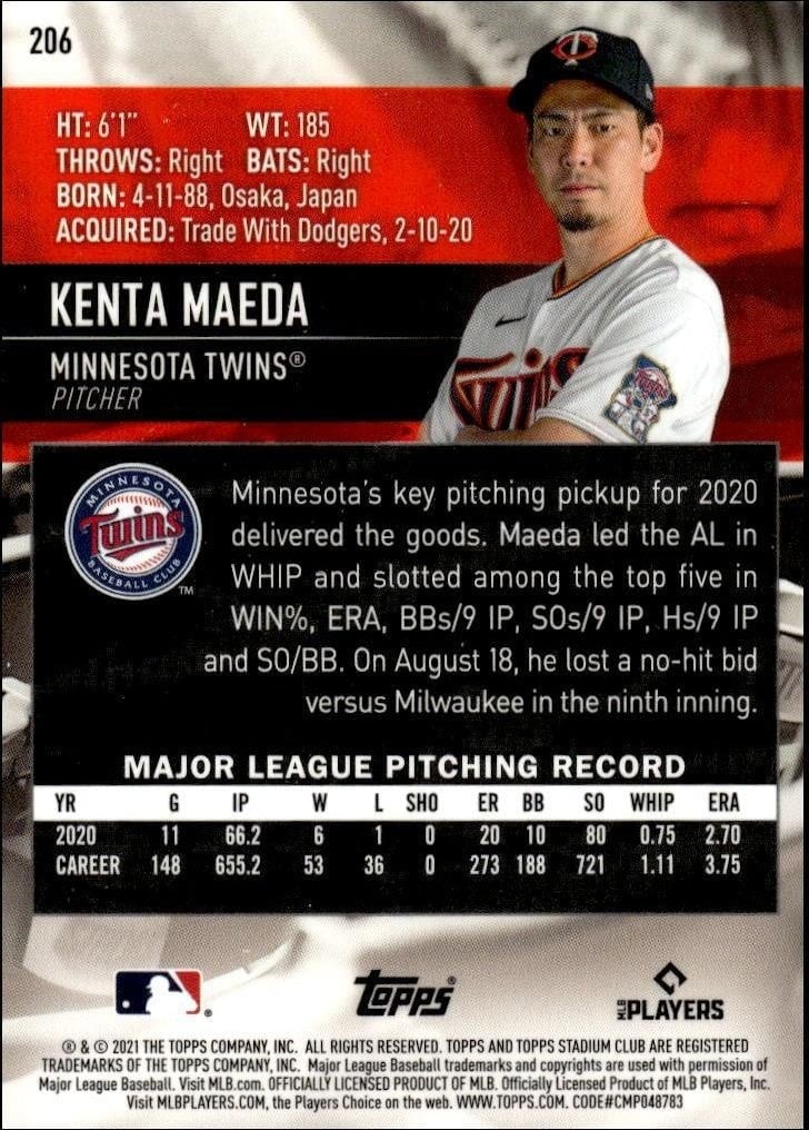 2021 Topps Stadium Club Chrome Kenta Maeda #206 baseball trading card back