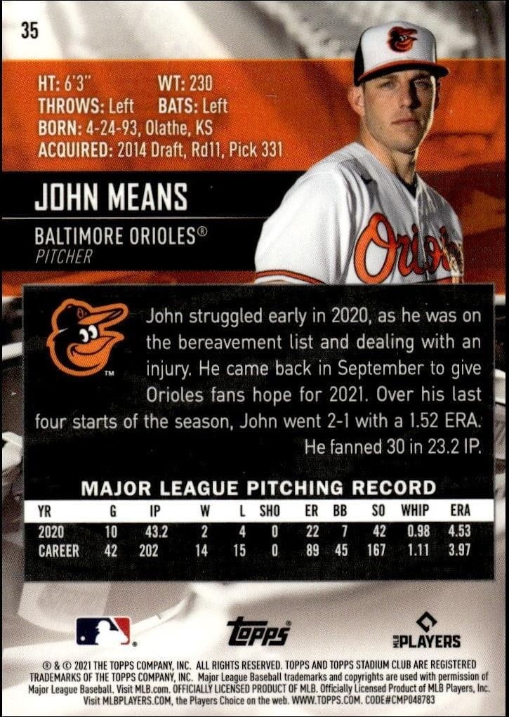 2021 Topps Stadium Club Chrome John Means #35 baseball trading card back