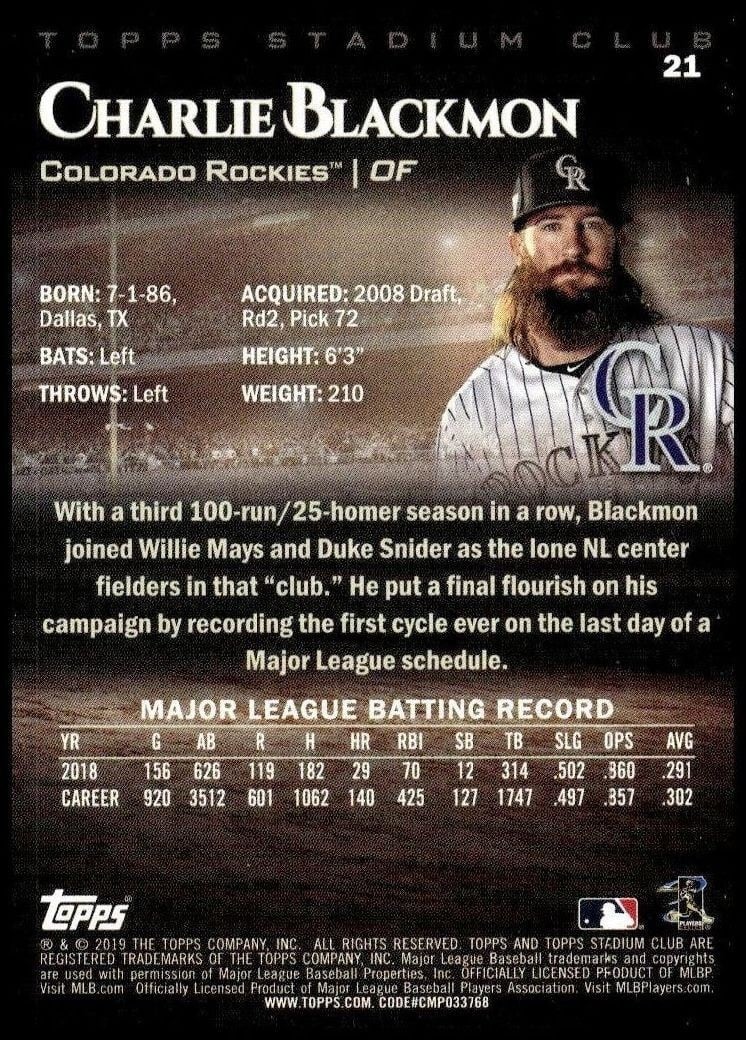 2019 Topps Stadium Club Charlie Blackmon #21 baseball trading card back
