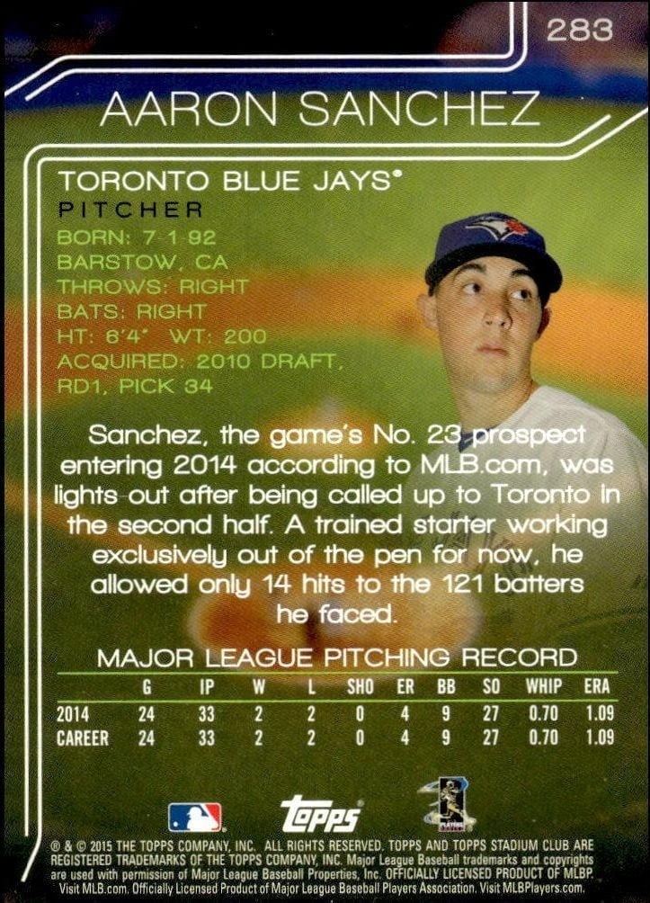 2015 Topps Stadium Club Aaron Sanchez #283 baseball trading card back