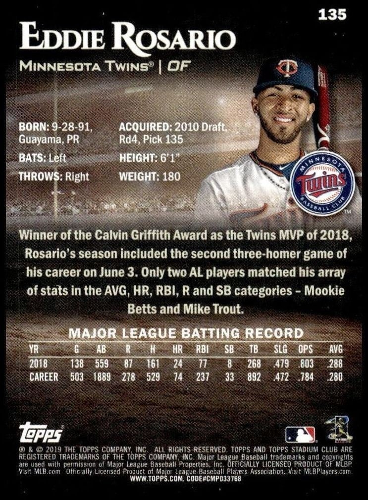 2019 Topps Stadium Club Eddie Rosario #135 baseball trading card back