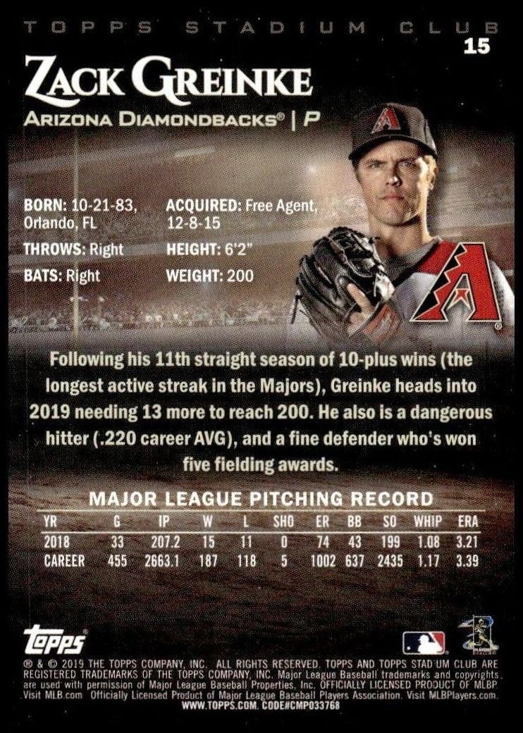 2019 Topps Stadium Club Zack Greinke #15 baseball trading card back
