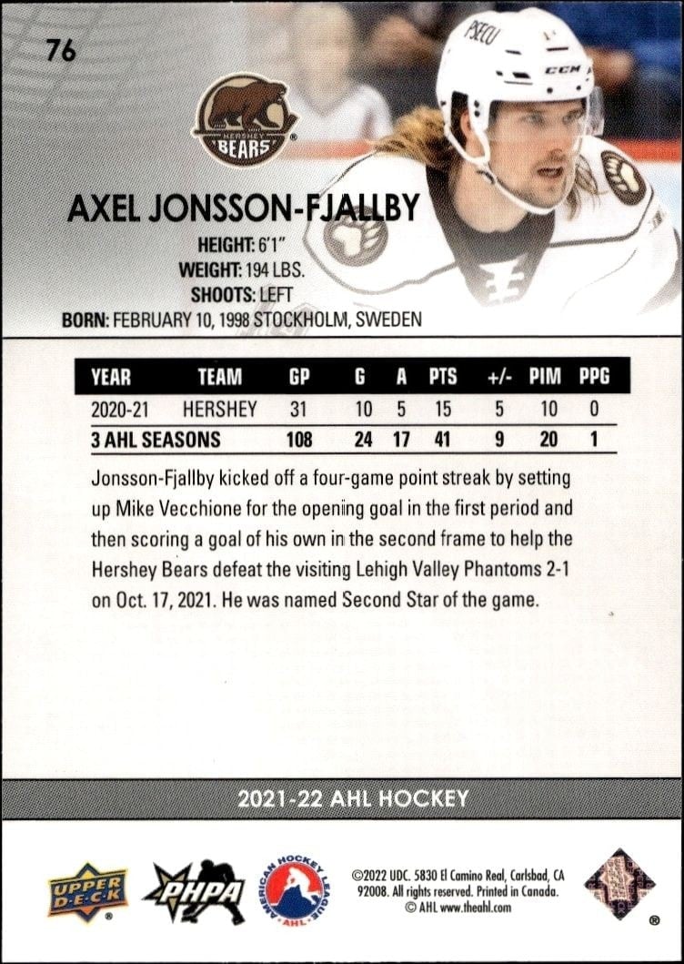 2021-22 Upper Deck AHL Axel Jonsson-Fjallby #76 hockey trading card back