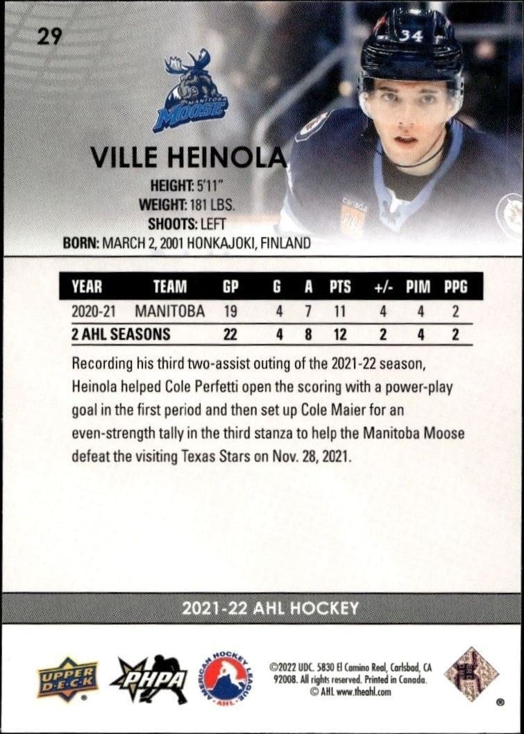 2021-22 Upper Deck AHL Ville Heinola #29 hockey trading card back
