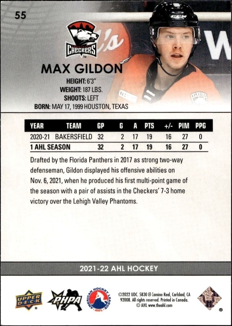 2021-22 Upper Deck AHL Max Gildon #55 hockey trading card back