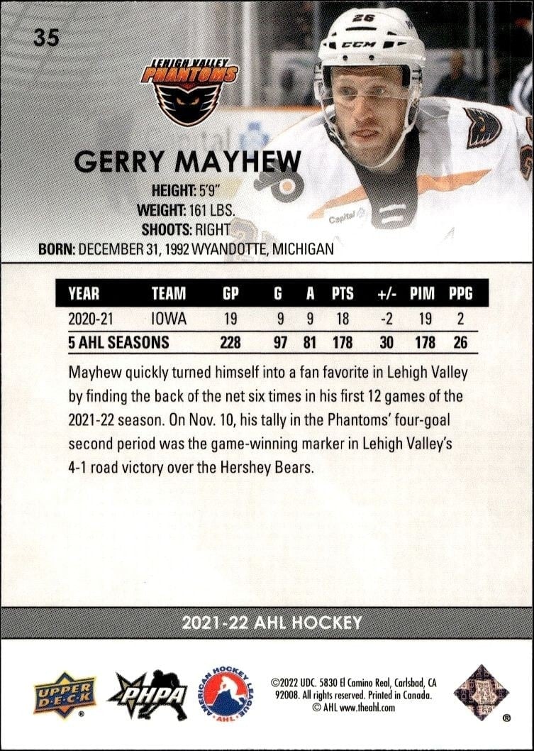 2021-22 Upper Deck AHL Gerry Mayhew #35 hockey trading card back